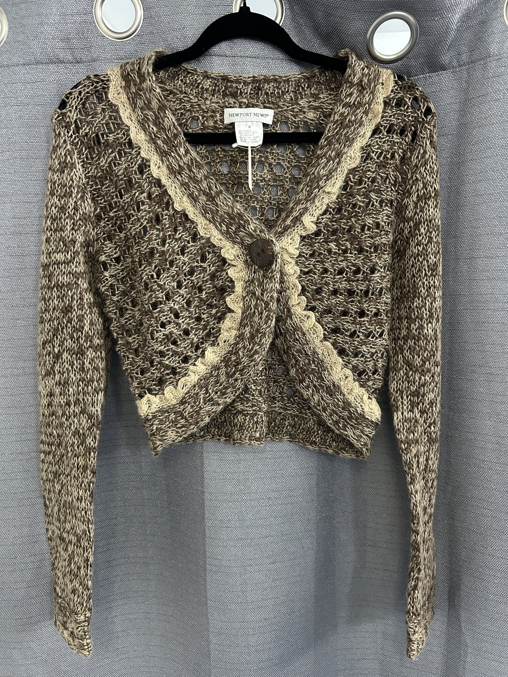 Newport News Brown and Cream Openwork Cropped Cardigan